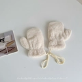 Detail view of soft plush winter gloves in cream white with a convenient neck string - 3-8 Years Approx / Beige