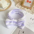Purple and white striped bow headband in soft coral fleece for skincare routines - Purple White Stripe
