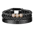 Three-piece black beaded, woven, and Roman numeral engraved stainless steel bracelet set - Roman Numeral Bangle Set E