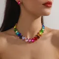 Detail of colorful waterdrop crystal necklace and earring set on a female model - Teardrop Colorful Style + Earrings