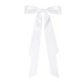 Detailed view of a long white satin bow hair clip with flowing ribbons on white background - White