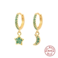 S925 sterling silver gold plated star and moon hoop earrings with green zircon stones - Gold-Green Zirconia
