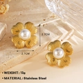 Gold floral stud earrings with large white pearl center and textured petals in stainless steel - Gold Pearl Flower Stud Earrings