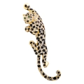 Golden leopard brooch with sparkling white rhinestones and green gemstone eyes on white background - Pave Rhinestone Leopard / Gold