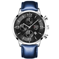 Montre à quartz pour hommes avec bracelet en cuir bleu et boîtier argenté cadran noir - Bracelet Bleu Boîtier Argent Cadran Noir