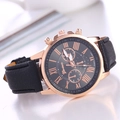 Geneva women's quartz watch with rose gold case, black Roman dial, and leather strap - Black