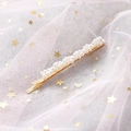 Elegant gold pearl barrette clip with double-row white pearls on mesh starry background - Double Row Pearl Gold Hairpin