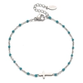 Silver stainless steel chain bracelet with turquoise beads and a flat cross charm - Light Blue (Silver Chain)