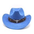 Chapeau de cowboy bleu en suédine avec ornement tête de taureau argentée et ceinture - M (56-59cm) / Bleu royal