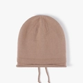 Winter fleece-lined knit beanie hat in dusty pink with adjustable knitted straps - Camel