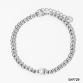 Polished silver stainless steel beaded bracelet featuring a round zircon stone centerpiece - Bead Chain Solitaire Style (HandP729)