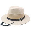 Beige breathable mesh straw hat with brown crocodile texture leather band and chin strap - 58cm / Beige