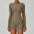 Brown ribbed slim fit yoga set with zip-up jacket and high waist shorts for workout - S / Light Coffee