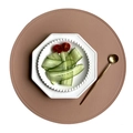 Beige faux leather round placemat with textured finish and white ceramic plate set - Pressed Edge Faux Leather Round / Pink