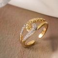 Two-tone geometric gold ring with twisted metal texture and micro-pave white zircons - Double Twisted Cross Micro-pave