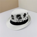 White straw fedora hat with black palm tree embroidery and ribbon for beach vacations - M (56-58cm) / Large Palm Tree White