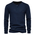 Detailed waffle texture and buttoned Henley neckline on deep blue men's long sleeve shirt - S / Navy Blue