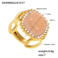 Anillo de acero inoxidable dorado PVD con piedra natural rosa y circonitas - Aventurina rosa claro natural (Talla 7) / Dorado