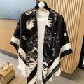 Black and white leopard print cotton linen square scarf with striped borders on white tee - 130*130cm / B&W Leopard Border (MZF-087)