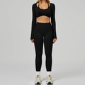 Ensemble de yoga noir sans couture avec haut court à manches longues et legging taille haute - S / Long Sleeve+Leggings - Premium Black
