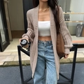 Gilet long en maille épaisse beige pour femme avec devant ouvert et maille texturée - S / Marron