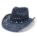 Blue hollowed-out straw cowboy hat with bohemian heart bead trim for summer sun protection - M (56-59cm) / Navy Blue
