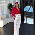 Women's 2-piece tracksuit set with red cropped hoodie and white striped sweatpants - S / Red