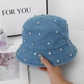 Blue washed denim bucket hat with silver rhinestone accents for women in a stylish look - Denim Blue