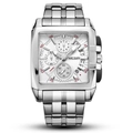 Men's silver stainless steel square quartz watch with chronograph dials and calendar - Steel Band White Dial