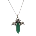 Gothic silver bat wing pendant with green hexagonal crystal point on silver chain - Aventurine Stainless Steel Chain
