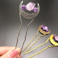 Handcrafted moon-shaped hairpins featuring natural amethyst stones in silver and bronze finish - Antique Silver Moon