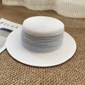 Flat top straw sun hat in cream with light grey pleated chiffon ribbon band - M / White with Blue Ribbon