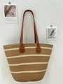 Retro woven straw tote bag with brown leather straps and beige striped patterns - Brown Beige Wide Stripe