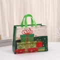 Waterproof non-woven Christmas gift bag with festive gift box prints and green handles - 8002-1 Green Gift Box Design