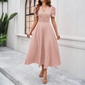 Elegant pink V-neck short sleeve midi dress with puff sleeves and cinched waistline - S / Dusty Pink