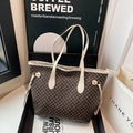 Vintage tote bag with coffee geometric print and cream leather drawstring straps - White