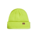 Close-up of neon green ribbed knit beanie featuring a brown leather patch detail - M (56-58cm) / Fluorescent Green