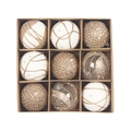 Set of 9 Christmas balls in kraft box featuring hemp rope pearls and champagne glitter - Warm Gold Jute Sequin Style
