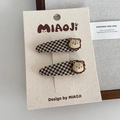 Pair of brown bear hair clips with black and white checkered fabric for girls - 6-Little Lion