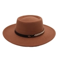 Close-up of brown wool felt hat with ethnic woven band and gold metal buckle detail - Khaki
