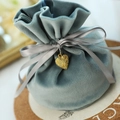 Morandi blue velvet candy bag with grey satin bow and gold heart pendant for weddings - Haze Blue+Heart