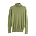 Grass green turtleneck knit sweater for women with decorative gold buttons on cuffs - S / Grass Green