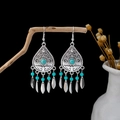 Bohemian silver drop earrings with turquoise beads and leaf charms in vintage style - E5774-15 Blue Teardrop Tassel