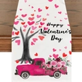 Happy Valentine's Day table runner with pink truck and flower prints on wooden table - Heart Painted Art-VT004