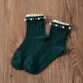Dark green cotton crew socks with white lace trim and faux pearl bead decorations - One Size / Dark Green