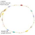Detail of 18k gold plated stainless steel necklace with multi-color beads and sizing data - Multicolor Bead Decorated Style (S-N579)