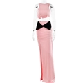 Completo rosa due pezzi con crop top senza maniche, fiocco e gonna lunga con spacco - Taglia S / Rosa