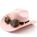 Dettaglio cappello cowboy rosa scamosciato con occhiali steampunk e ingranaggi d'oro - M(56-58cm) / Rosa