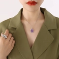 Vintage style titanium necklace with rectangular purple stone pendant and textured silver ring - Steel Natural Purple Stone