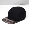 Side view of black 5-panel camper cap with grey camo brim in cotton canvas material - Black + Grey Camo Brim